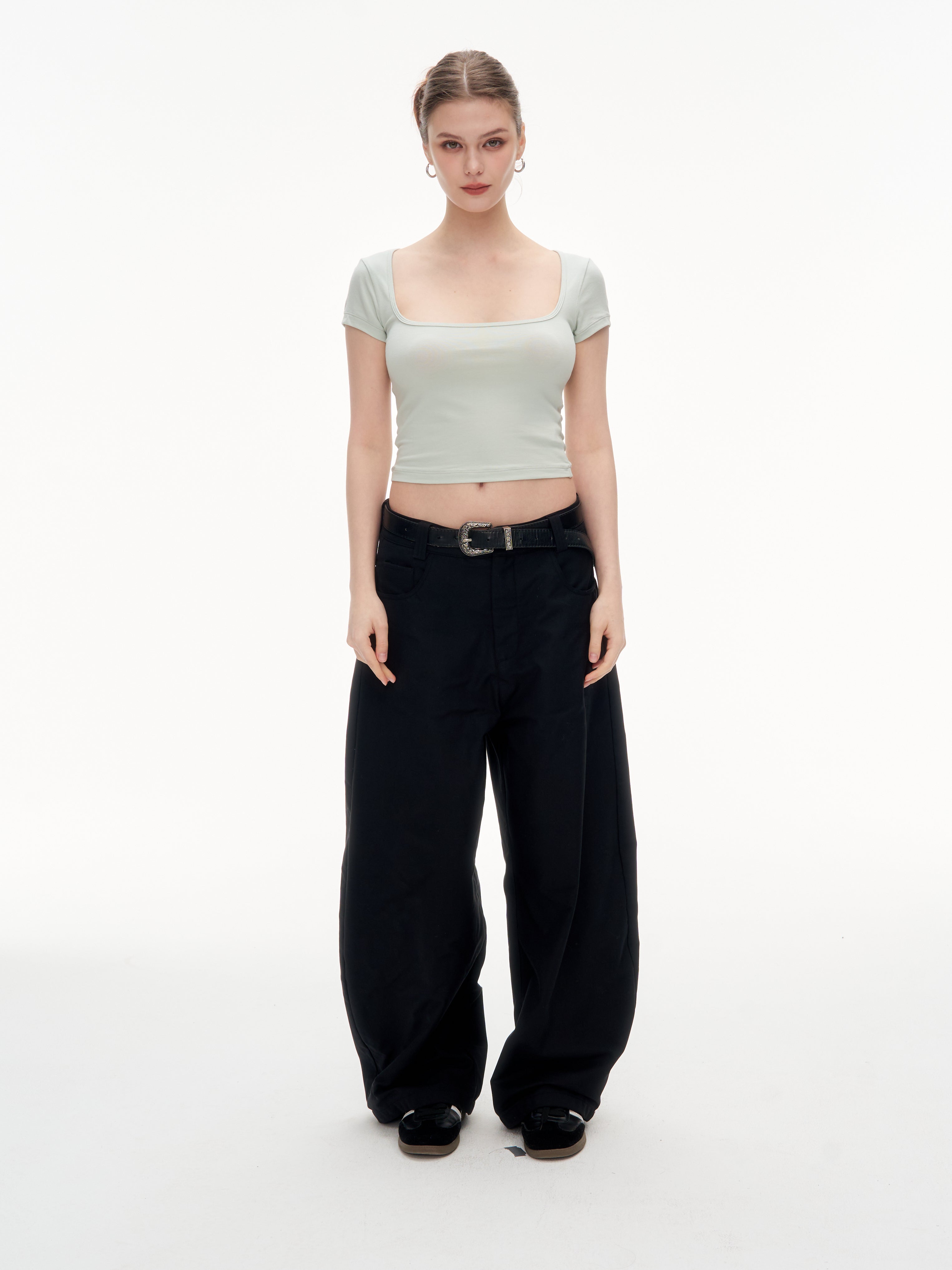 Women's Square Neck Short Sleeve Crop Top - Stretchy Slim Fit Basic Tee