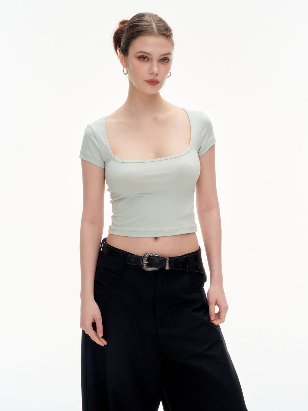 Women's Square Neck Short Sleeve Crop Top - Stretchy Slim Fit Basic Tee