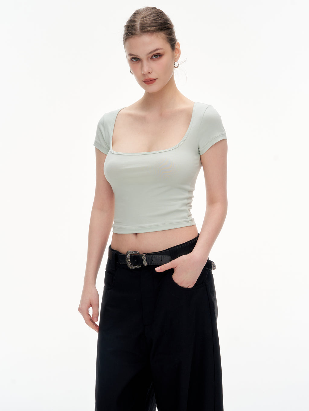 Women's Square Neck Short Sleeve Crop Top - Stretchy Slim Fit Basic Tee