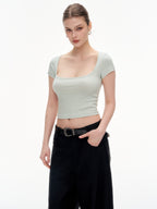 Women's Square Neck Short Sleeve Crop Top - Stretchy Slim Fit Basic Tee
