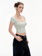 Women's Square Neck Short Sleeve Crop Top - Stretchy Slim Fit Basic Tee
