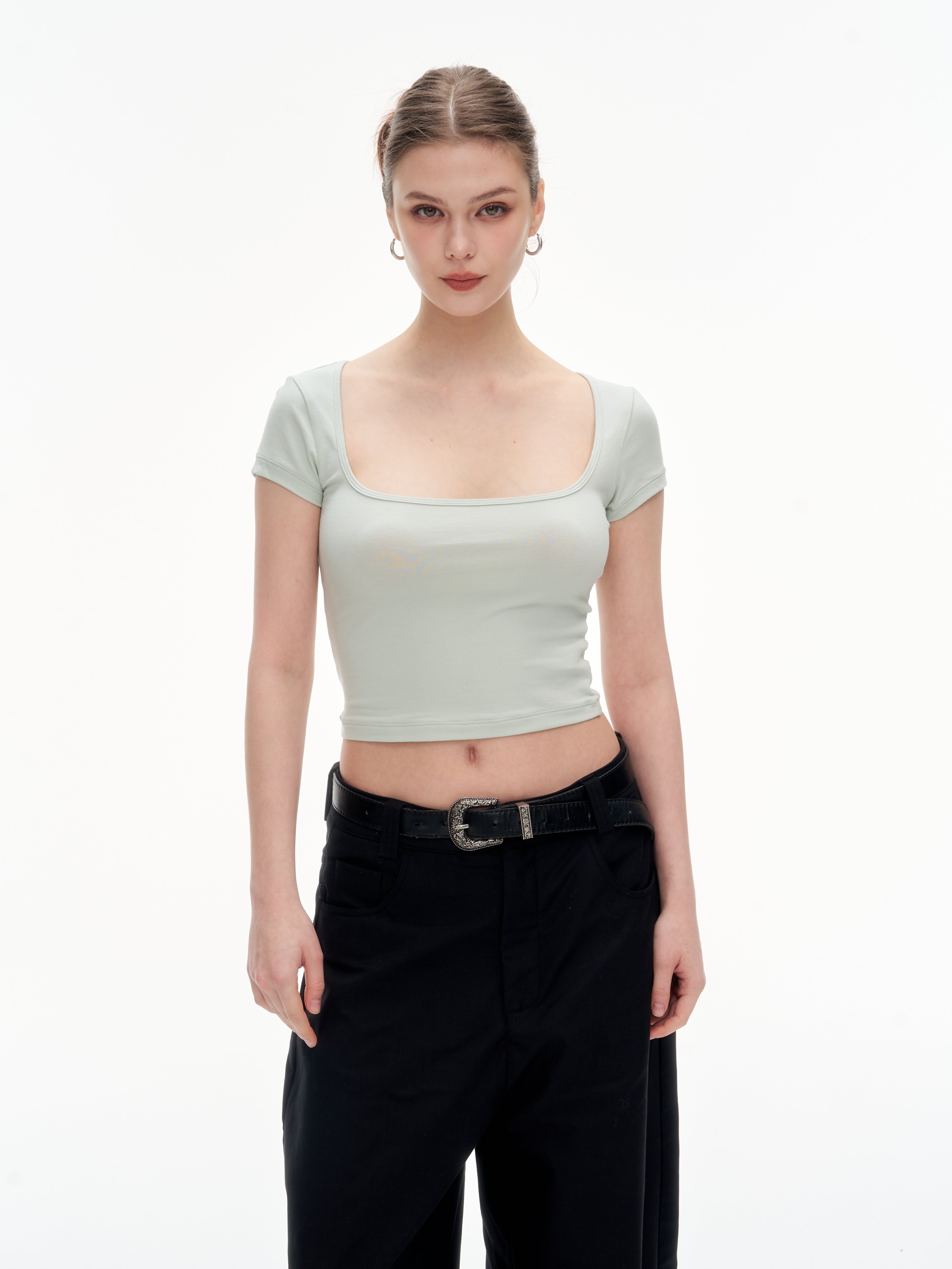Women's Square Neck Short Sleeve Crop Top - Stretchy Slim Fit Basic Tee