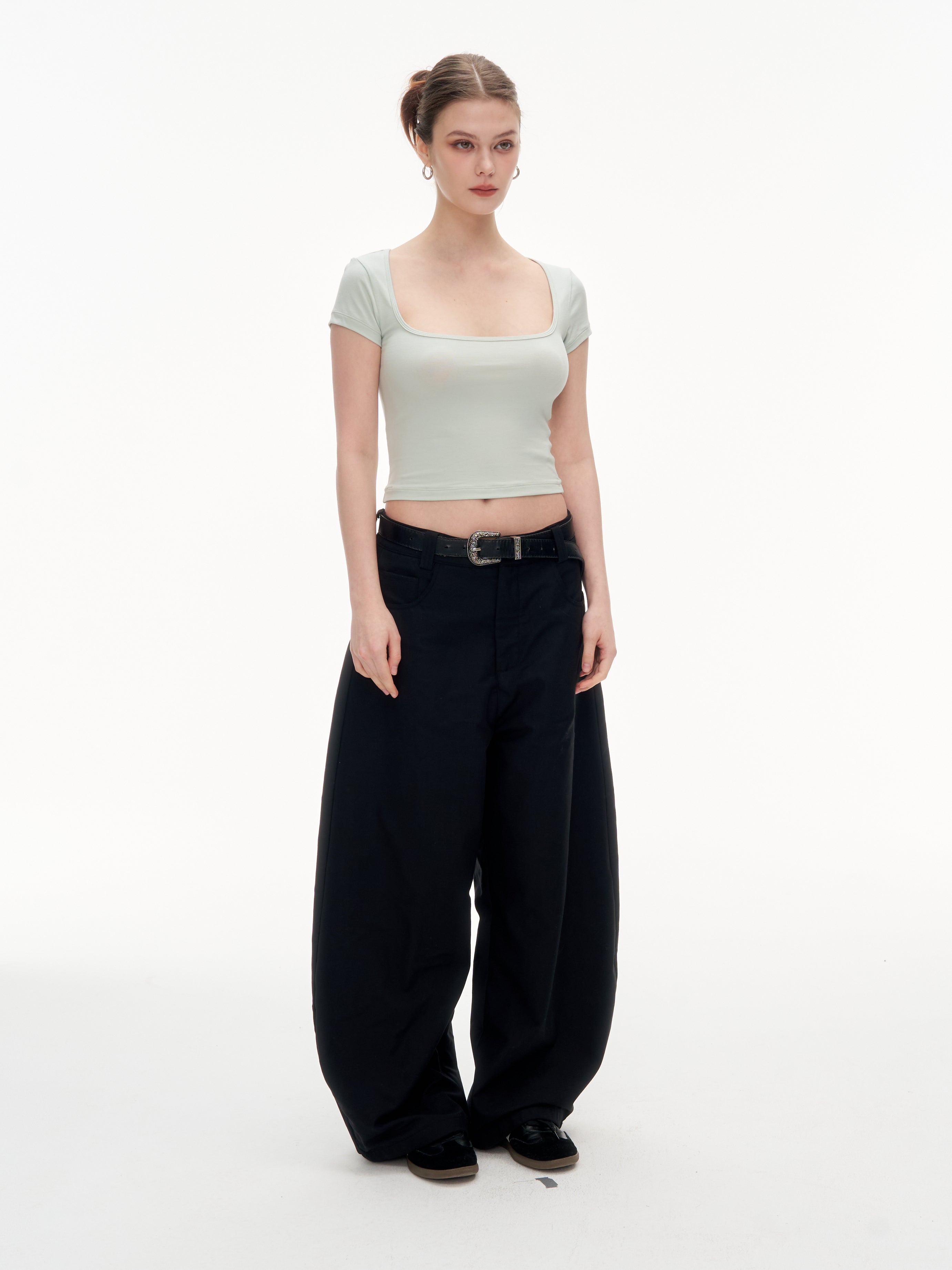 Women's Square Neck Short Sleeve Crop Top - Stretchy Slim Fit Basic Tee