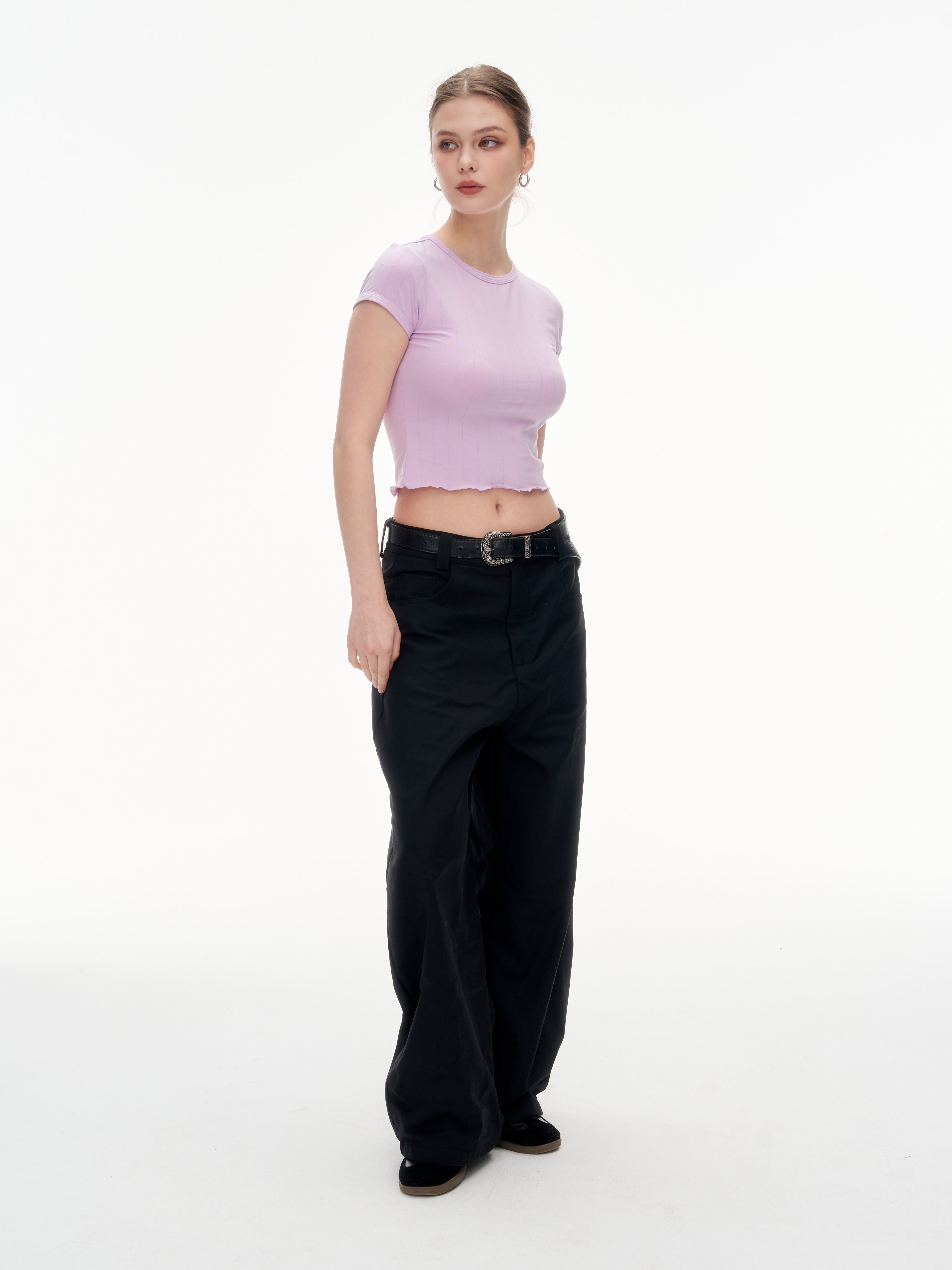 Women's Ribbed Ruffle Trim Crew Neck Crop Top - Stretchy Cotton Blend Slim Fit T-Shirt