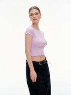 Women's Ribbed Ruffle Trim Crew Neck Crop Top - Stretchy Cotton Blend Slim Fit T-Shirt