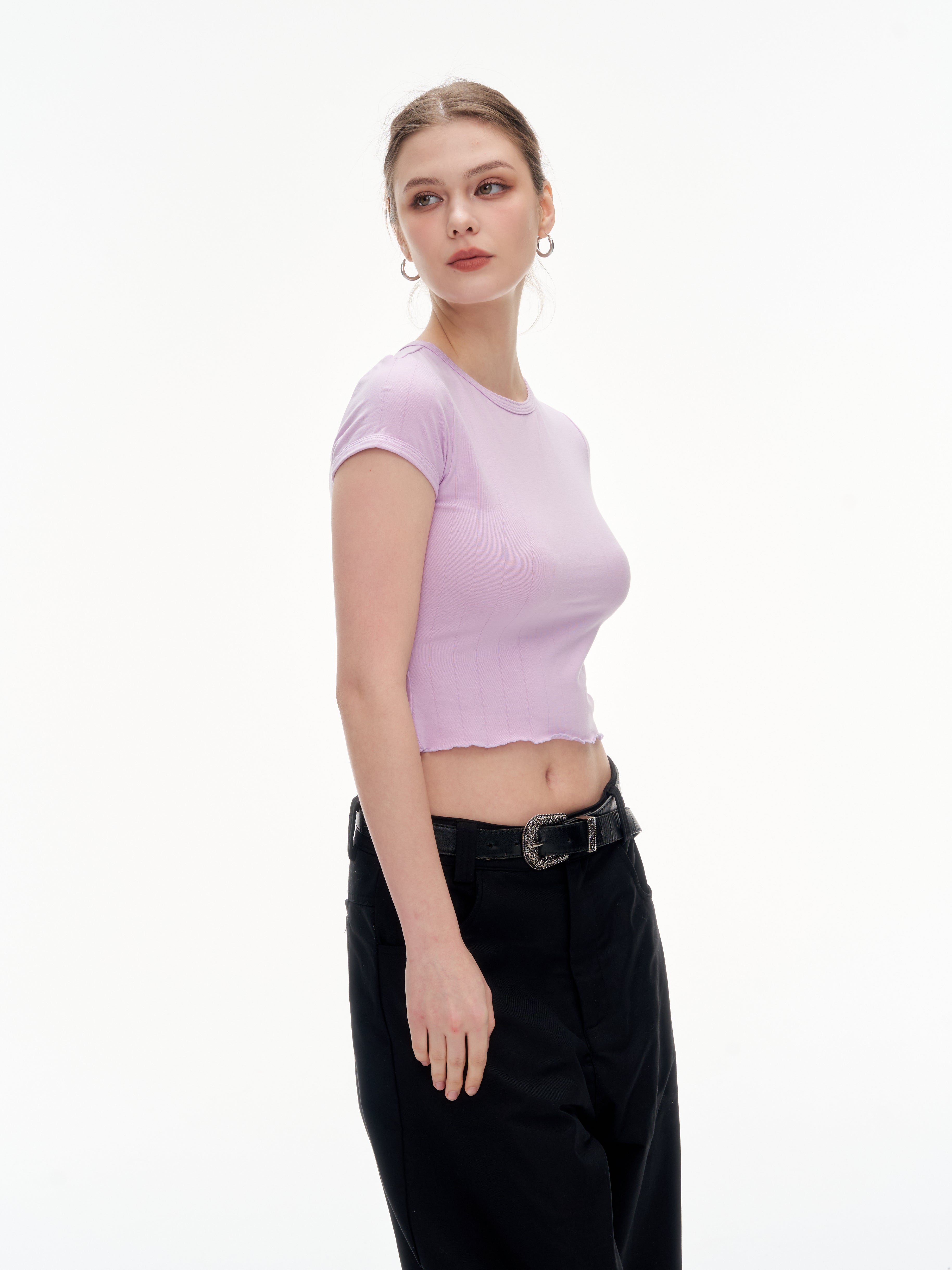 Women's Ribbed Ruffle Trim Crew Neck Crop Top - Stretchy Cotton Blend Slim Fit T-Shirt