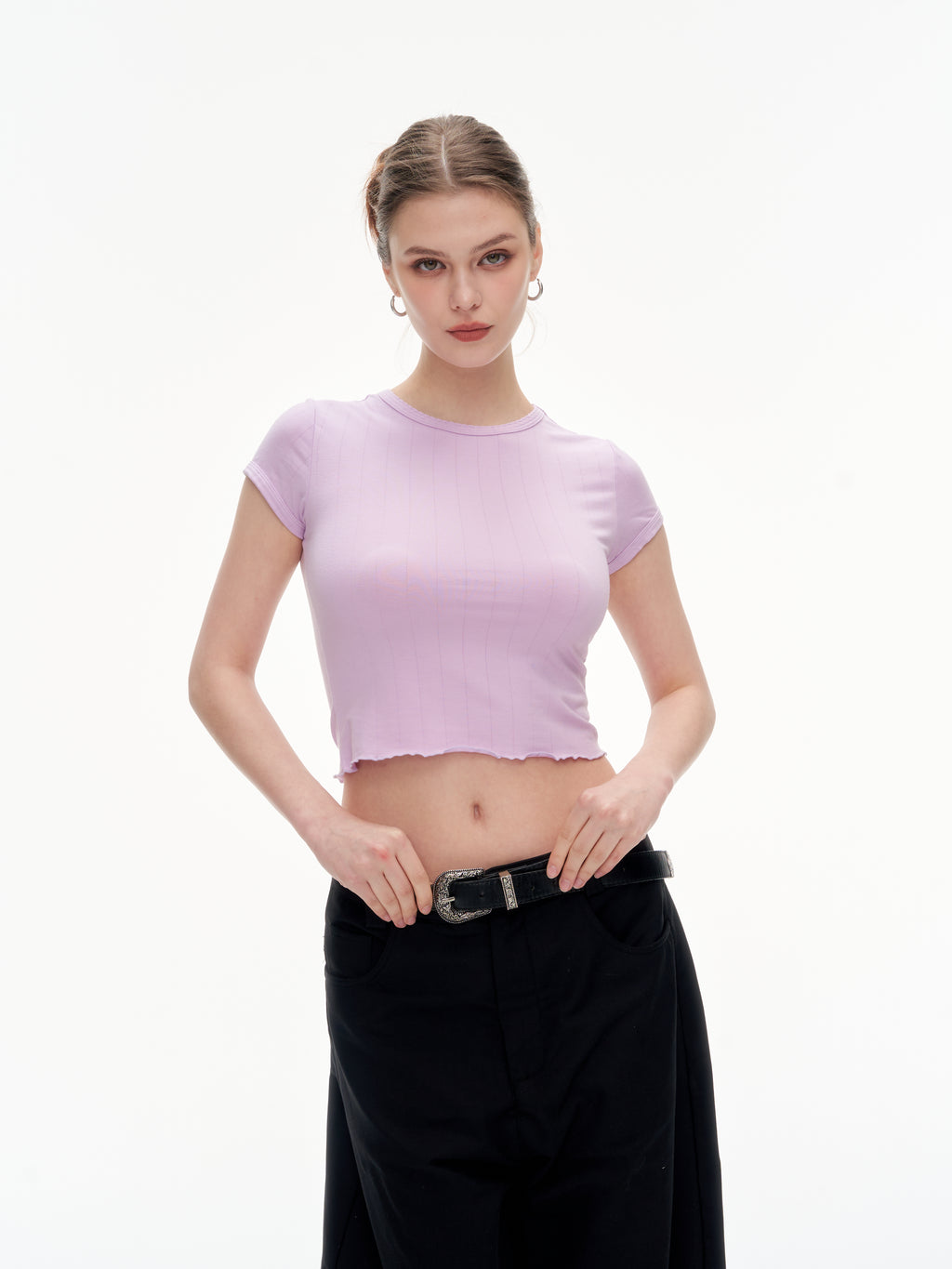 Women's Ribbed Ruffle Trim Crew Neck Crop Top - Stretchy Cotton Blend Slim Fit T-Shirt