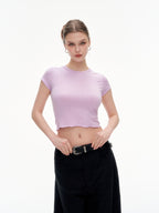 Women's Ribbed Ruffle Trim Crew Neck Crop Top - Stretchy Cotton Blend Slim Fit T-Shirt