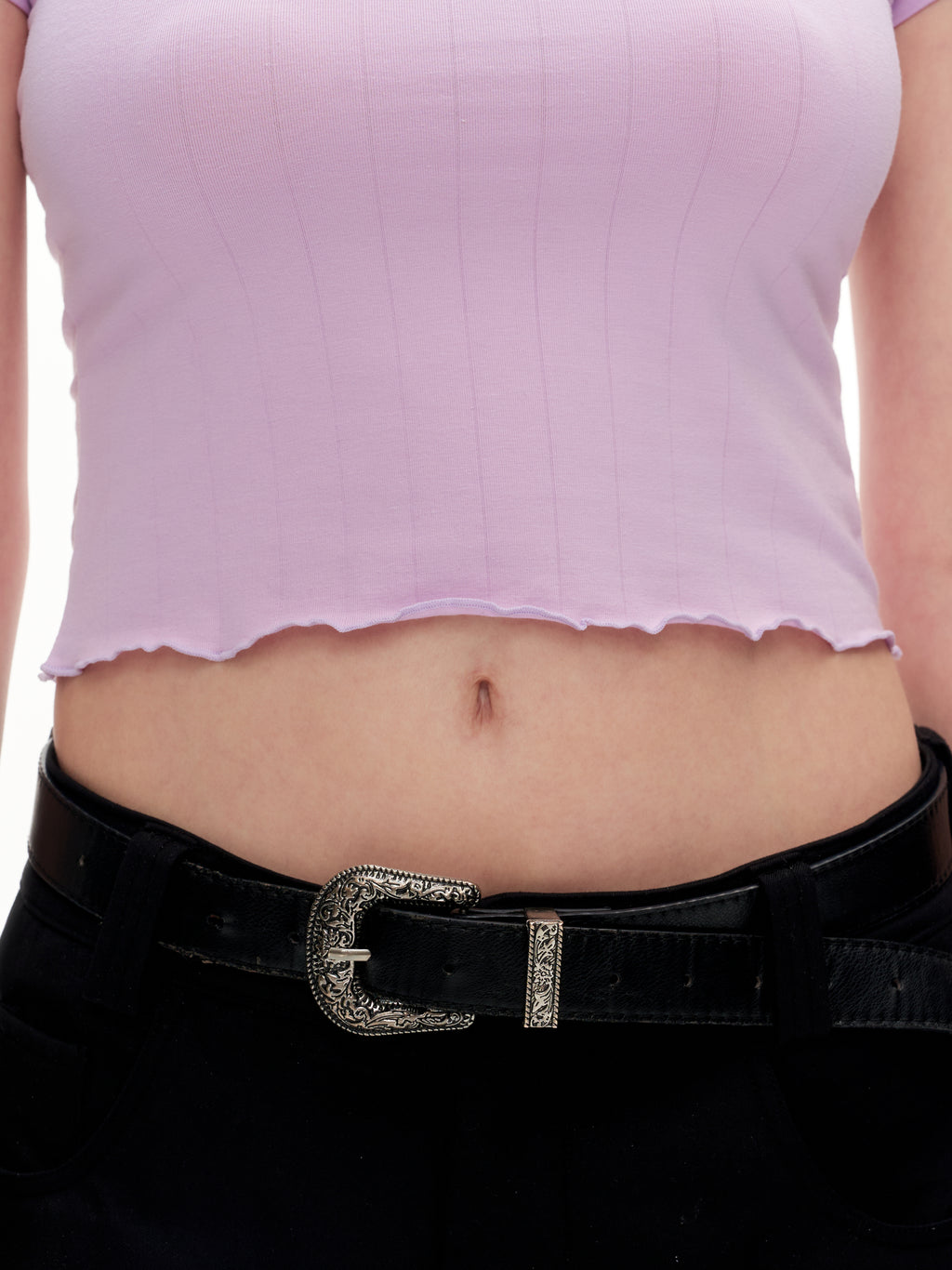 Women's Ribbed Ruffle Trim Crew Neck Crop Top - Stretchy Cotton Blend Slim Fit T-Shirt