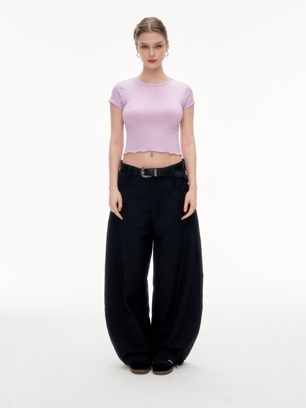 Women's Ribbed Ruffle Trim Crew Neck Crop Top - Stretchy Cotton Blend Slim Fit T-Shirt