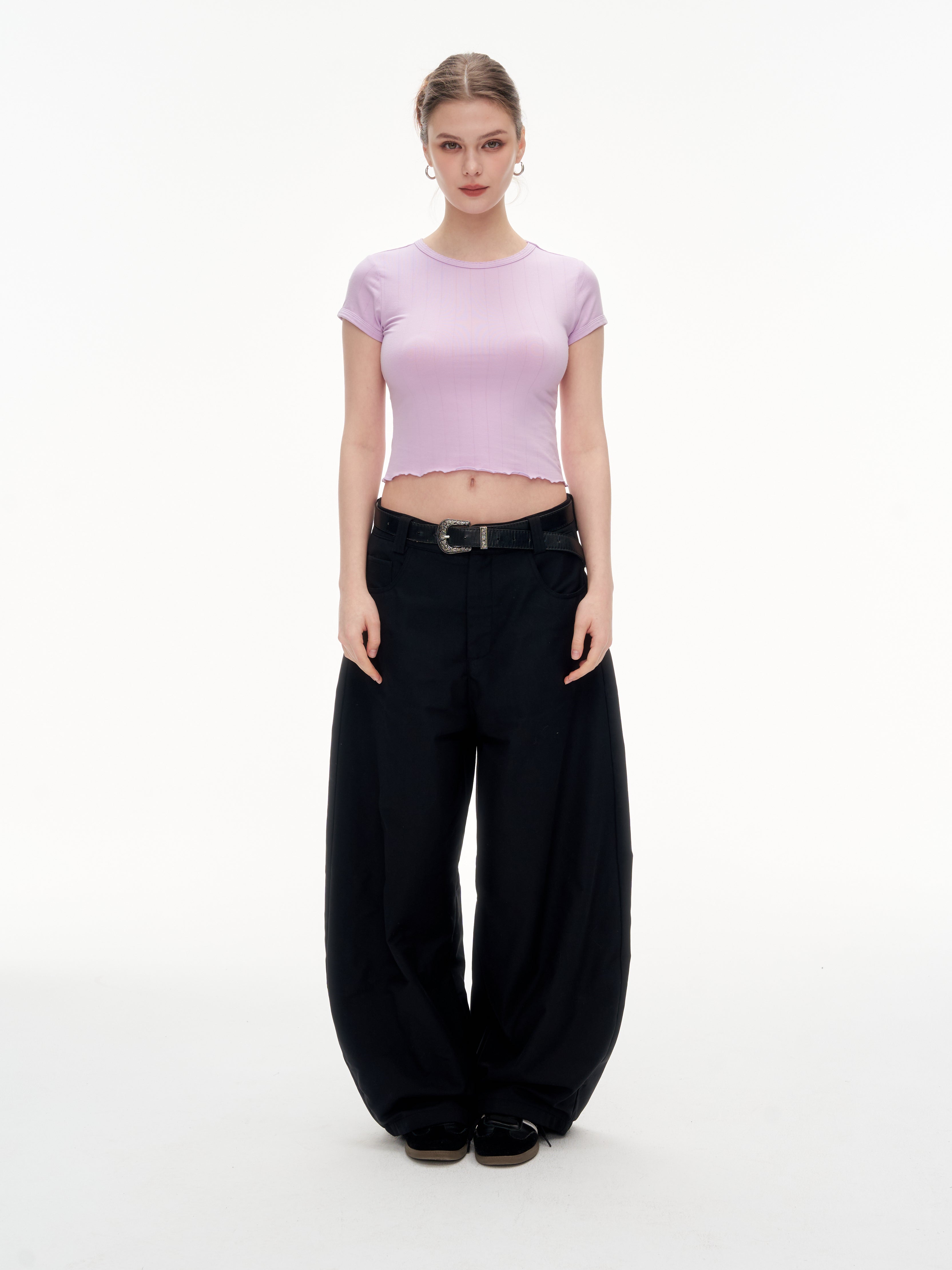 Women's Ribbed Ruffle Trim Crew Neck Crop Top - Stretchy Cotton Blend Slim Fit T-Shirt