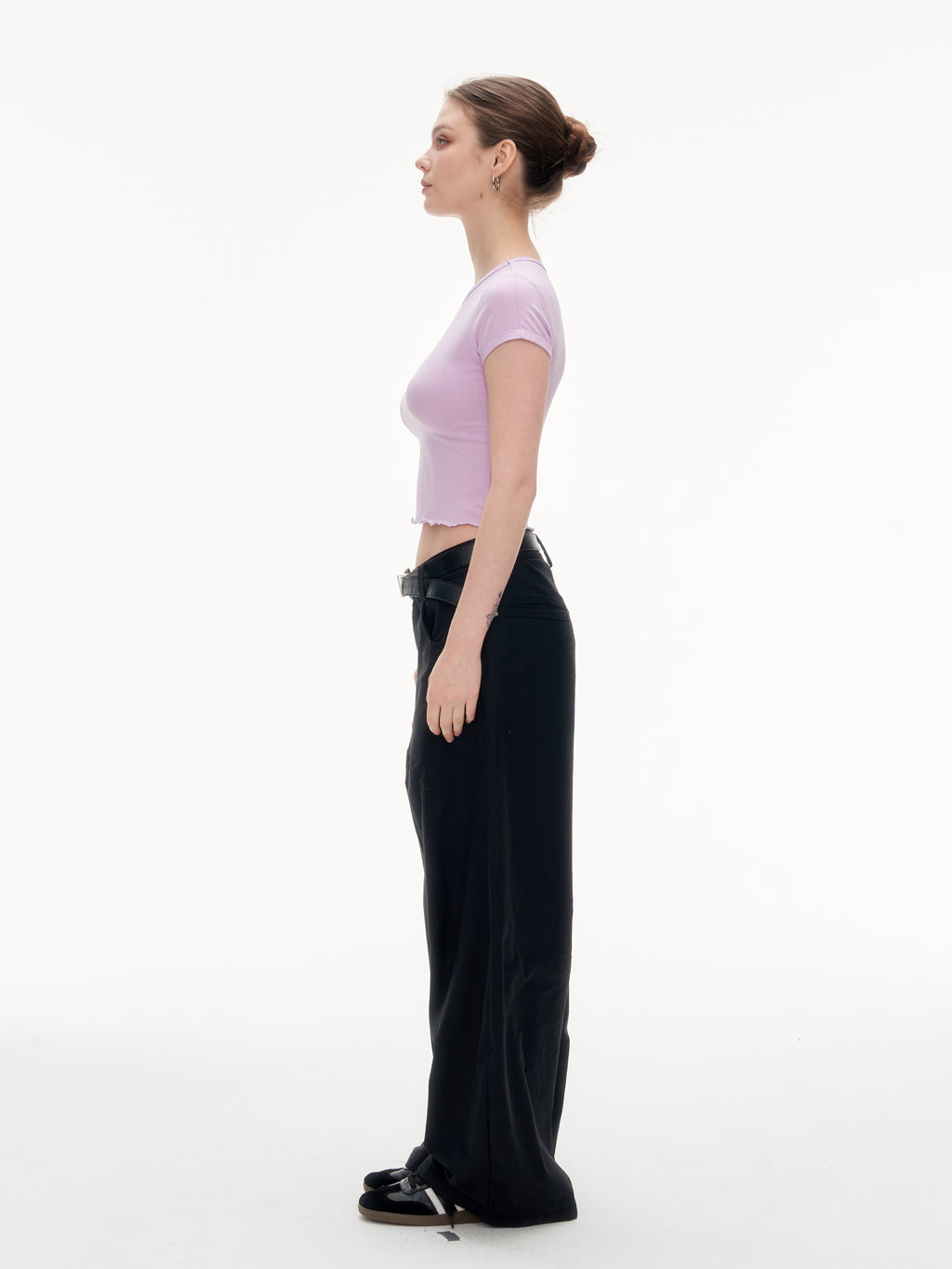 Women's Ribbed Ruffle Trim Crew Neck Crop Top - Stretchy Cotton Blend Slim Fit T-Shirt