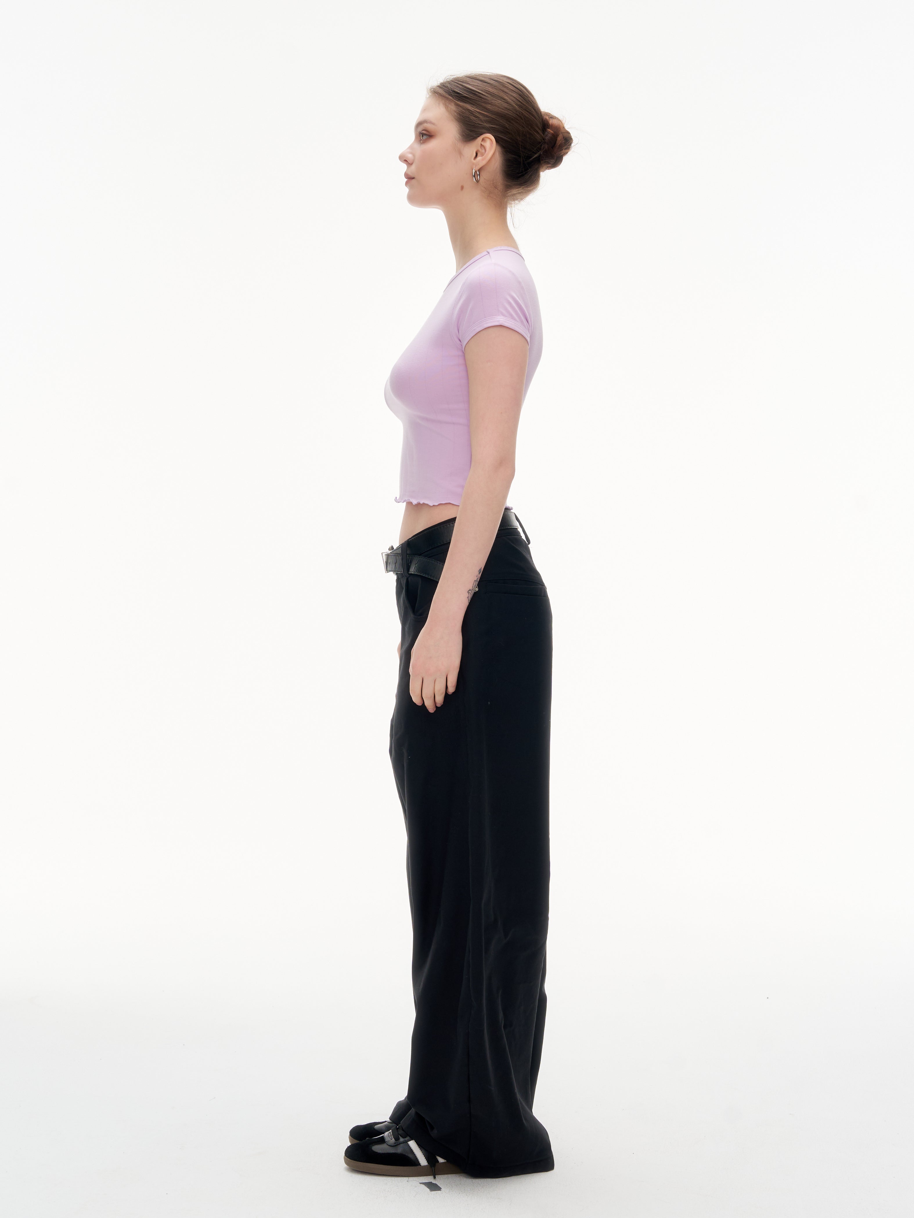 Women's Ribbed Ruffle Trim Crew Neck Crop Top - Stretchy Cotton Blend Slim Fit T-Shirt