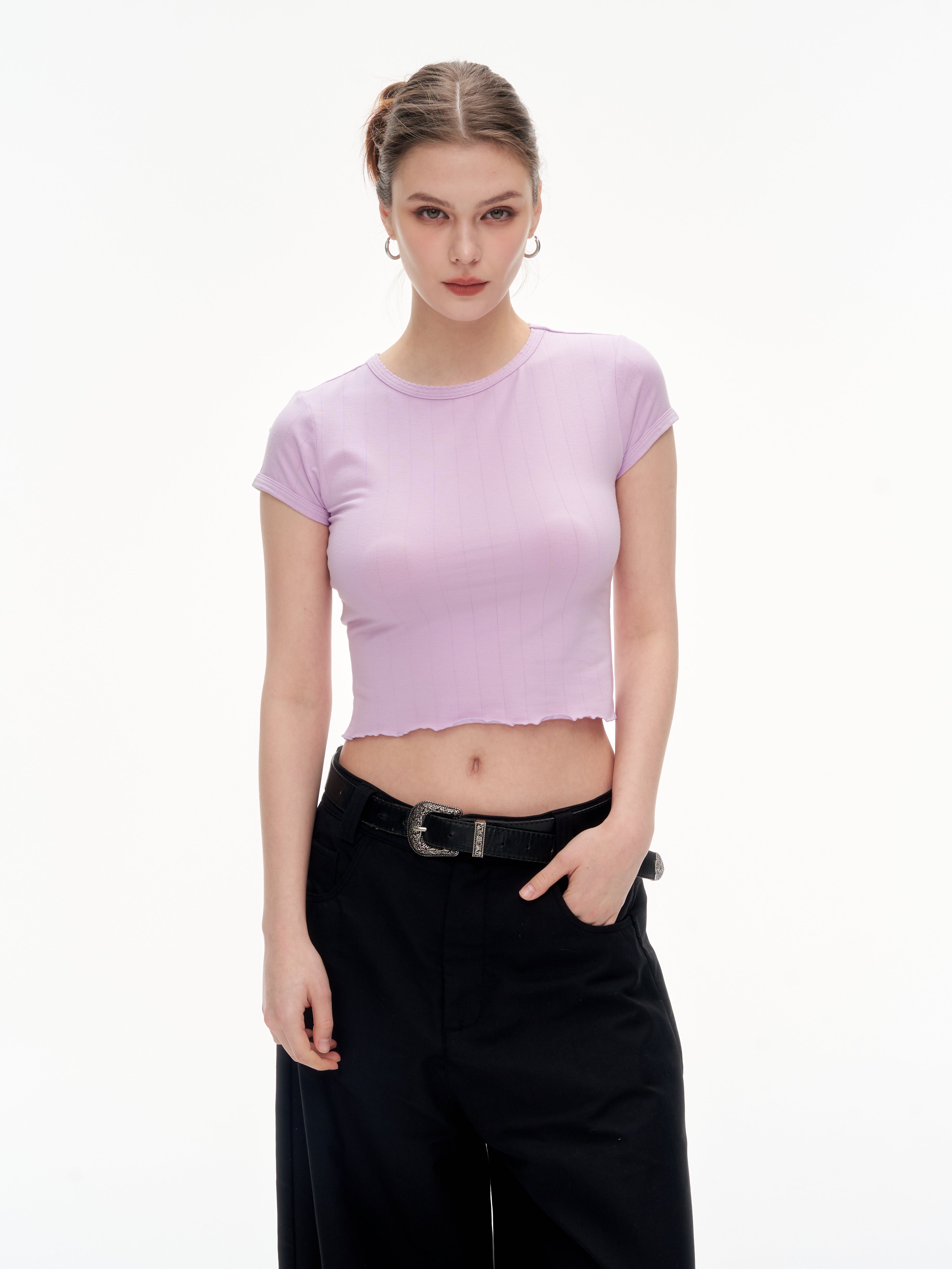 Women's Ribbed Ruffle Trim Crew Neck Crop Top - Stretchy Cotton Blend Slim Fit T-Shirt