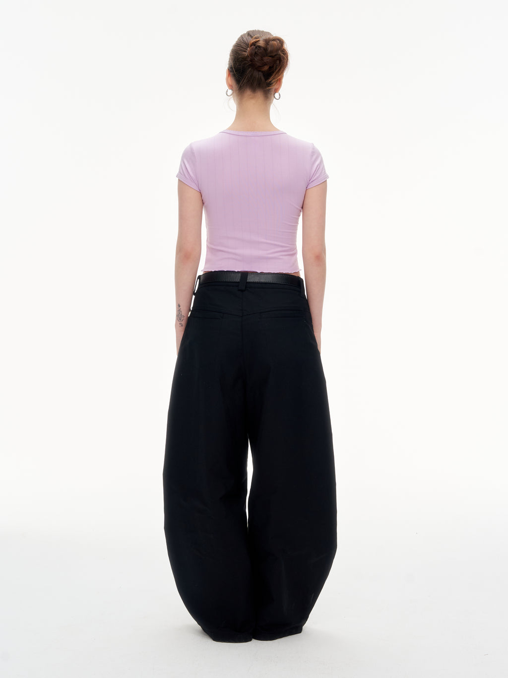 Women's Ribbed Ruffle Trim Crew Neck Crop Top - Stretchy Cotton Blend Slim Fit T-Shirt