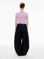 Women's Ribbed Ruffle Trim Crew Neck Crop Top - Stretchy Cotton Blend Slim Fit T-Shirt