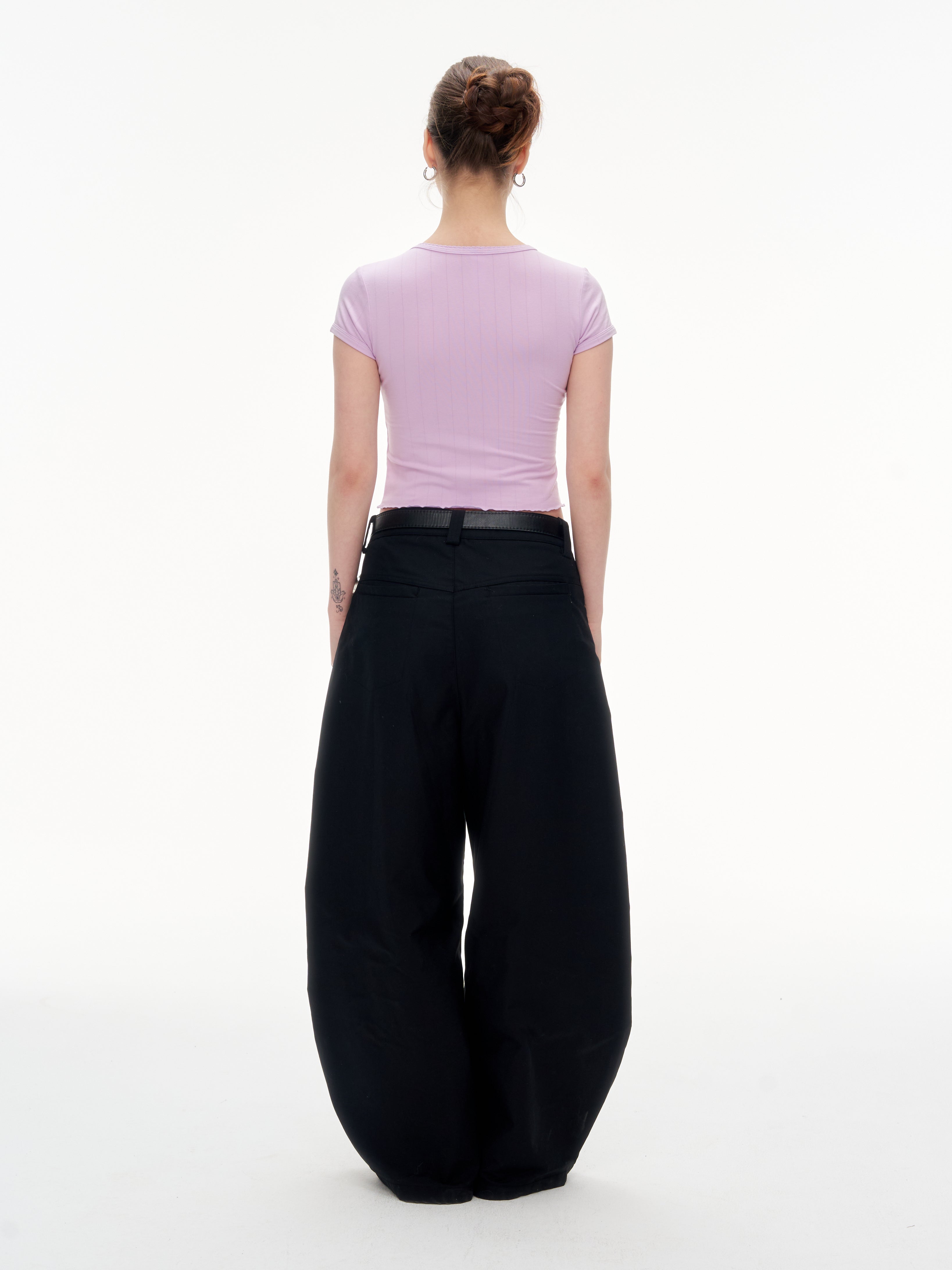 Women's Ribbed Ruffle Trim Crew Neck Crop Top - Stretchy Cotton Blend Slim Fit T-Shirt