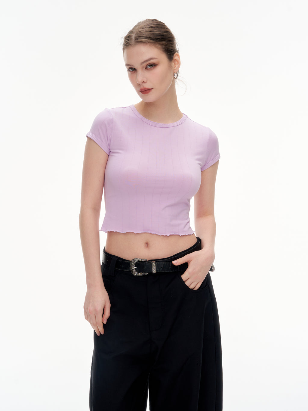 Women's Ribbed Ruffle Trim Crew Neck Crop Top - Stretchy Cotton Blend Slim Fit T-Shirt