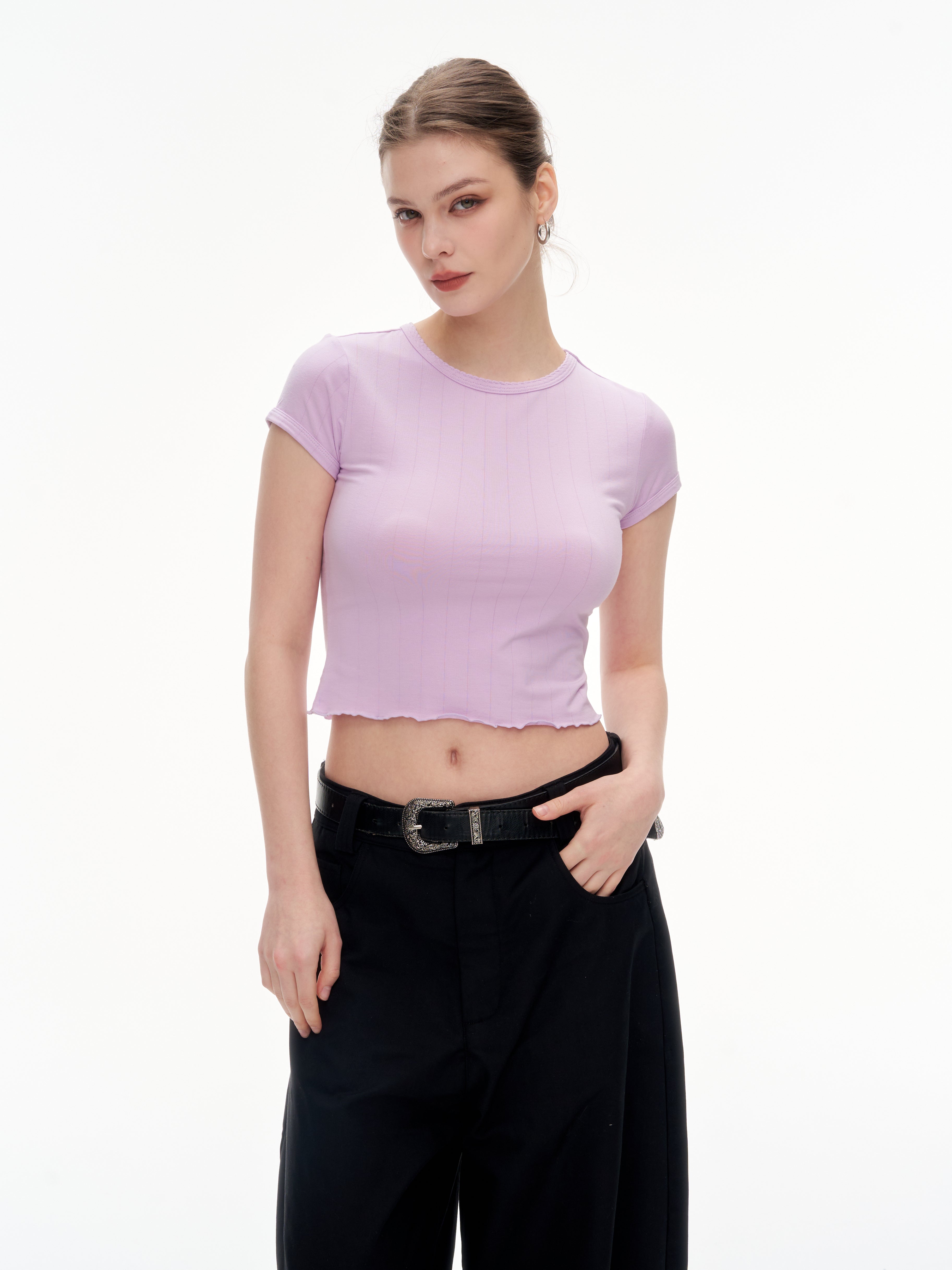 Women's Ribbed Ruffle Trim Crew Neck Crop Top - Stretchy Cotton Blend Slim Fit T-Shirt