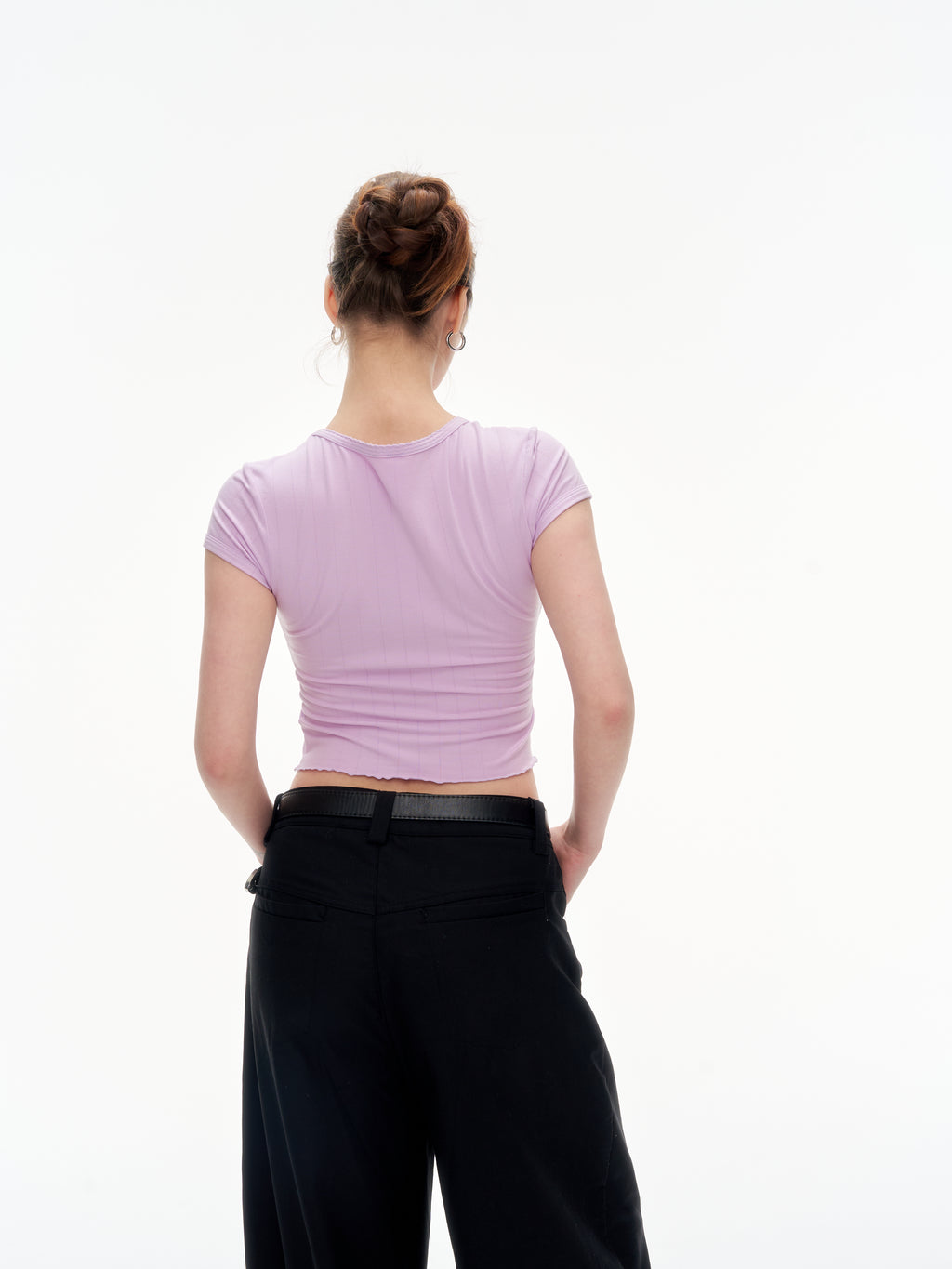 Women's Ribbed Ruffle Trim Crew Neck Crop Top - Stretchy Cotton Blend Slim Fit T-Shirt