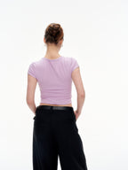 Women's Ribbed Ruffle Trim Crew Neck Crop Top - Stretchy Cotton Blend Slim Fit T-Shirt