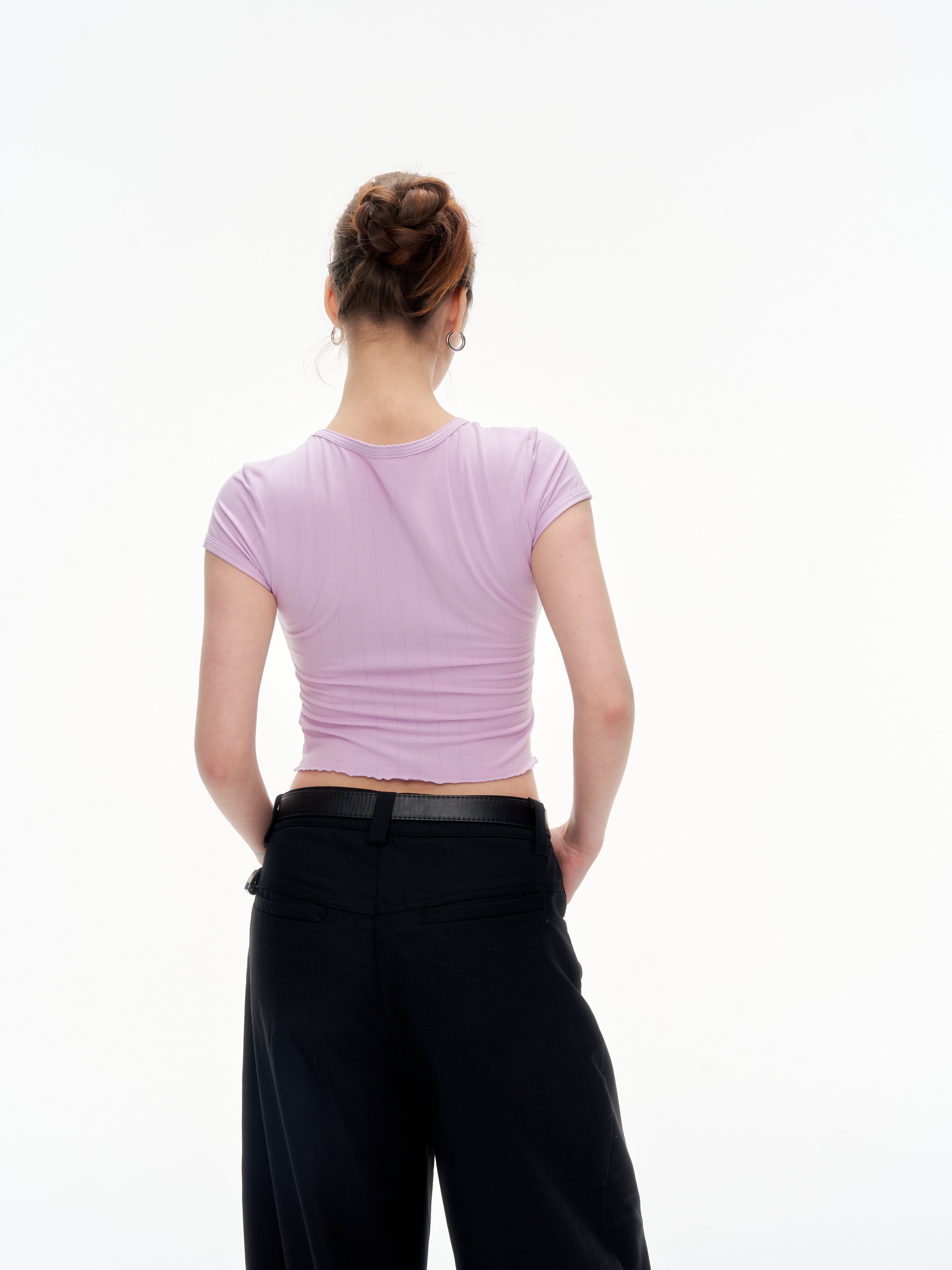 Women's Ribbed Ruffle Trim Crew Neck Crop Top - Stretchy Cotton Blend Slim Fit T-Shirt