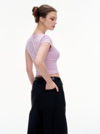 Women's Ribbed Ruffle Trim Crew Neck Crop Top - Stretchy Cotton Blend Slim Fit T-Shirt