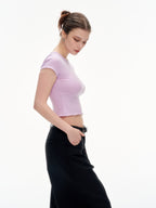 Women's Ribbed Ruffle Trim Crew Neck Crop Top - Stretchy Cotton Blend Slim Fit T-Shirt