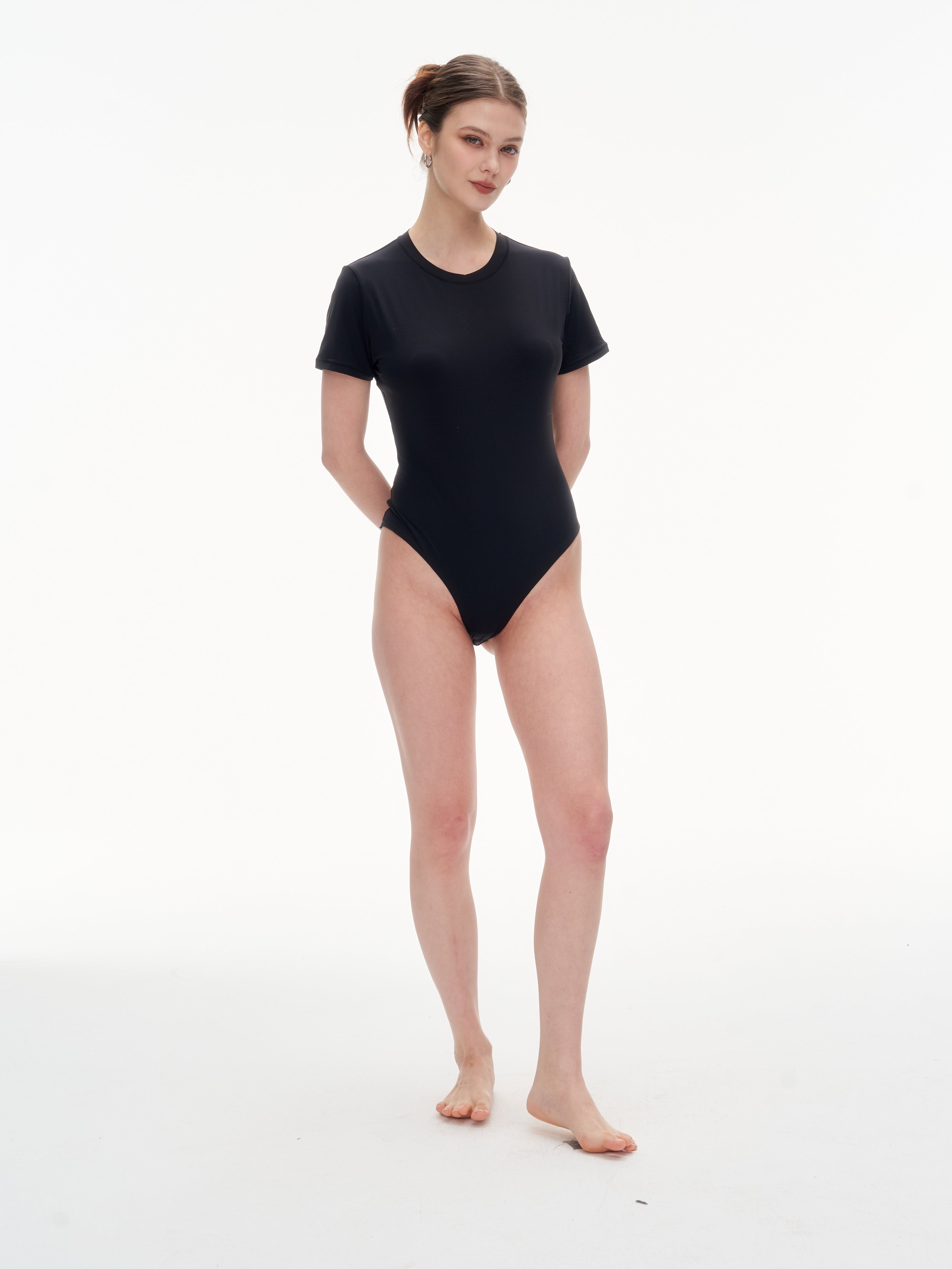 Women's Crew Neck Short Sleeve Bodysuit（SKIMS） - Stretchy 76% Nylon 24% Spandex Slim Fit One Piece Outfit