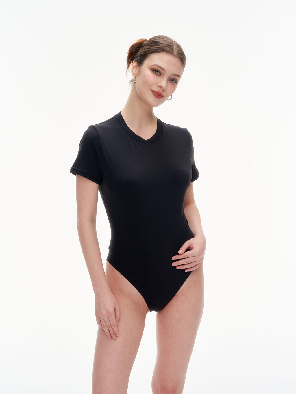 Women's Crew Neck Short Sleeve Bodysuit（SKIMS） - Stretchy 76% Nylon 24% Spandex Slim Fit One Piece Outfit