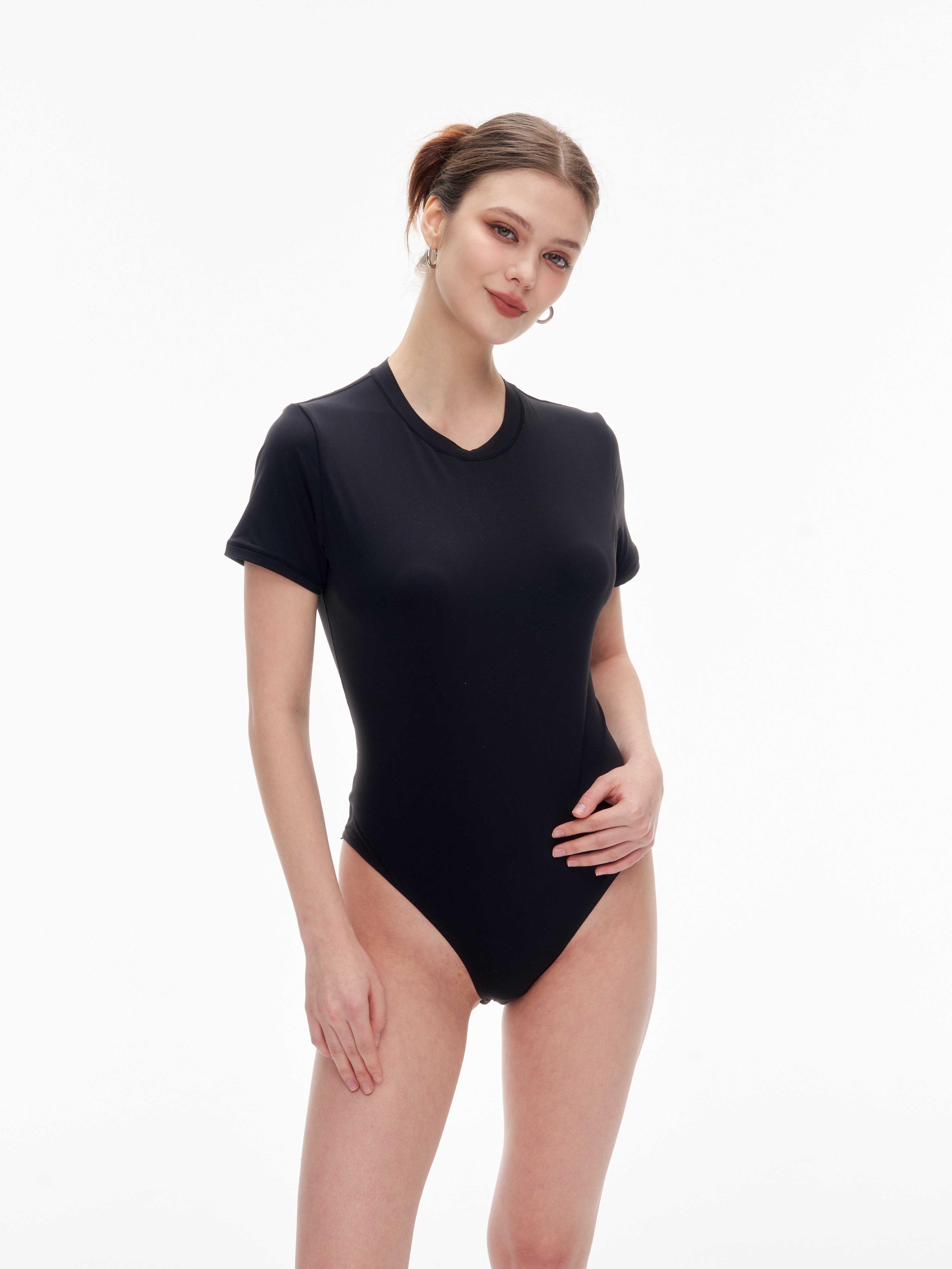 Women's Crew Neck Short Sleeve Bodysuit（SKIMS） - Stretchy 76% Nylon 24% Spandex Slim Fit One Piece Outfit