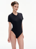 Women's Crew Neck Short Sleeve Bodysuit（SKIMS） - Stretchy 76% Nylon 24% Spandex Slim Fit One Piece Outfit