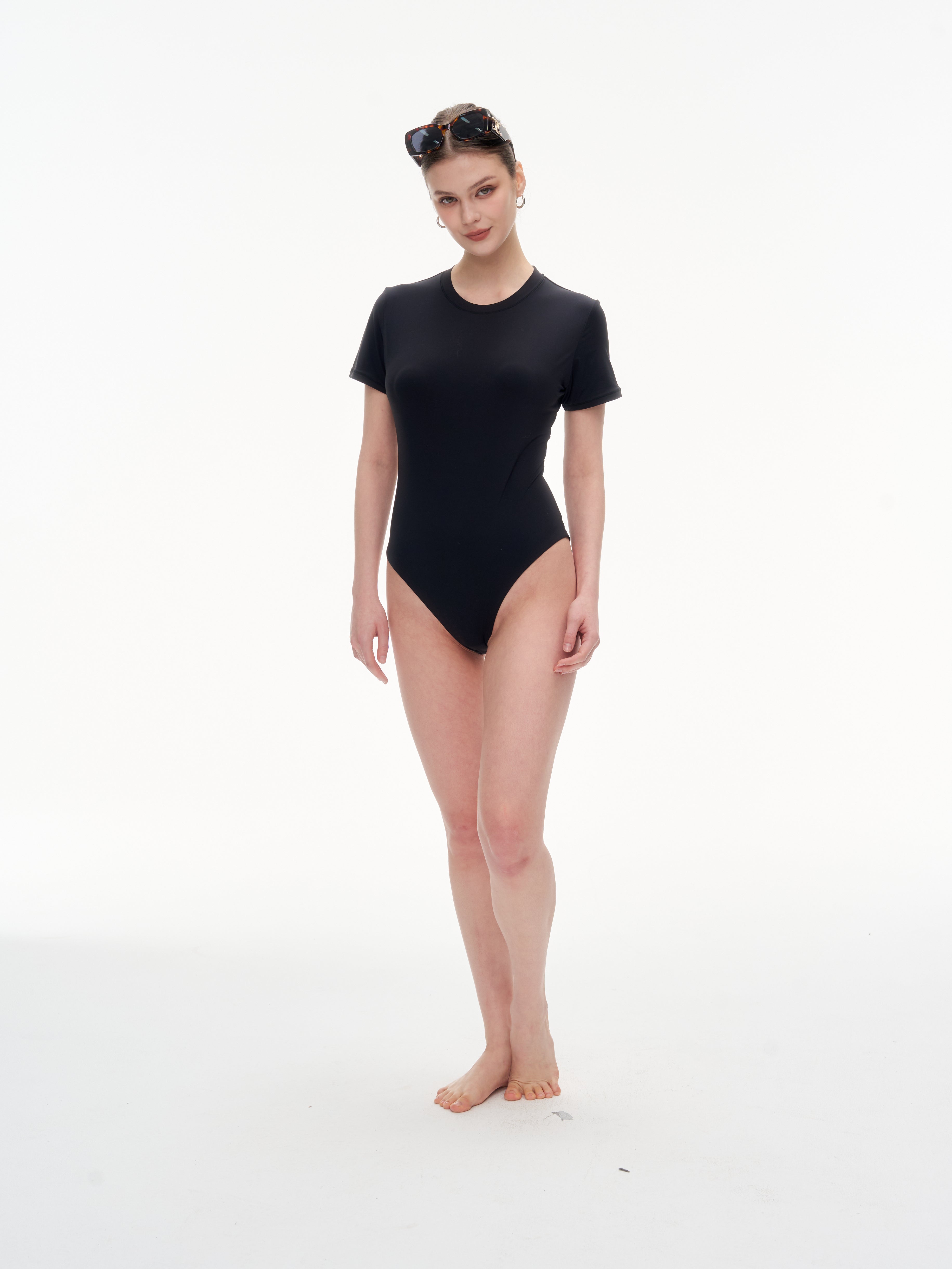 Women's Crew Neck Short Sleeve Bodysuit（SKIMS） - Stretchy 76% Nylon 24% Spandex Slim Fit One Piece Outfit