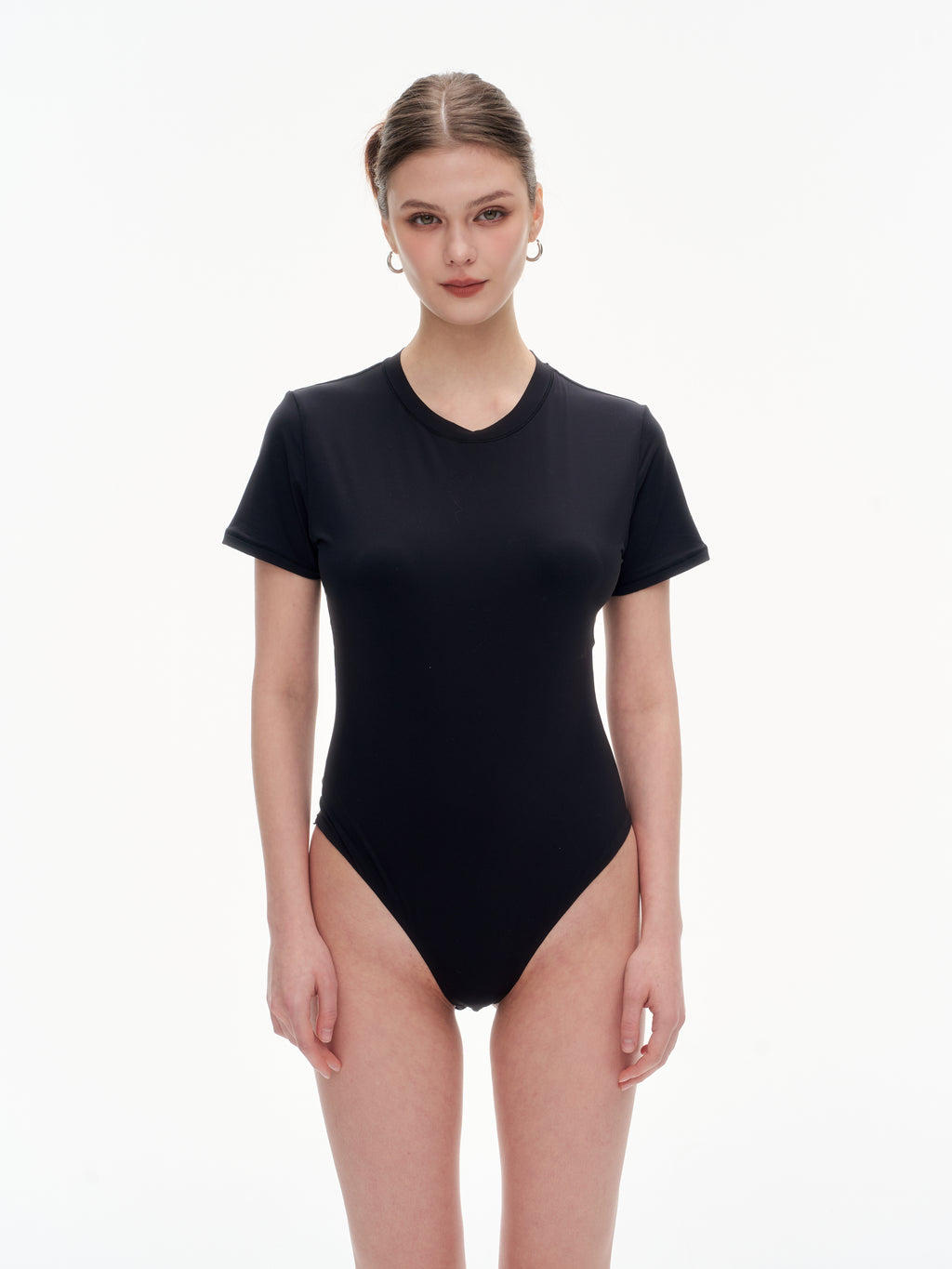 Women's Crew Neck Short Sleeve Bodysuit（SKIMS） - Stretchy 76% Nylon 24% Spandex Slim Fit One Piece Outfit