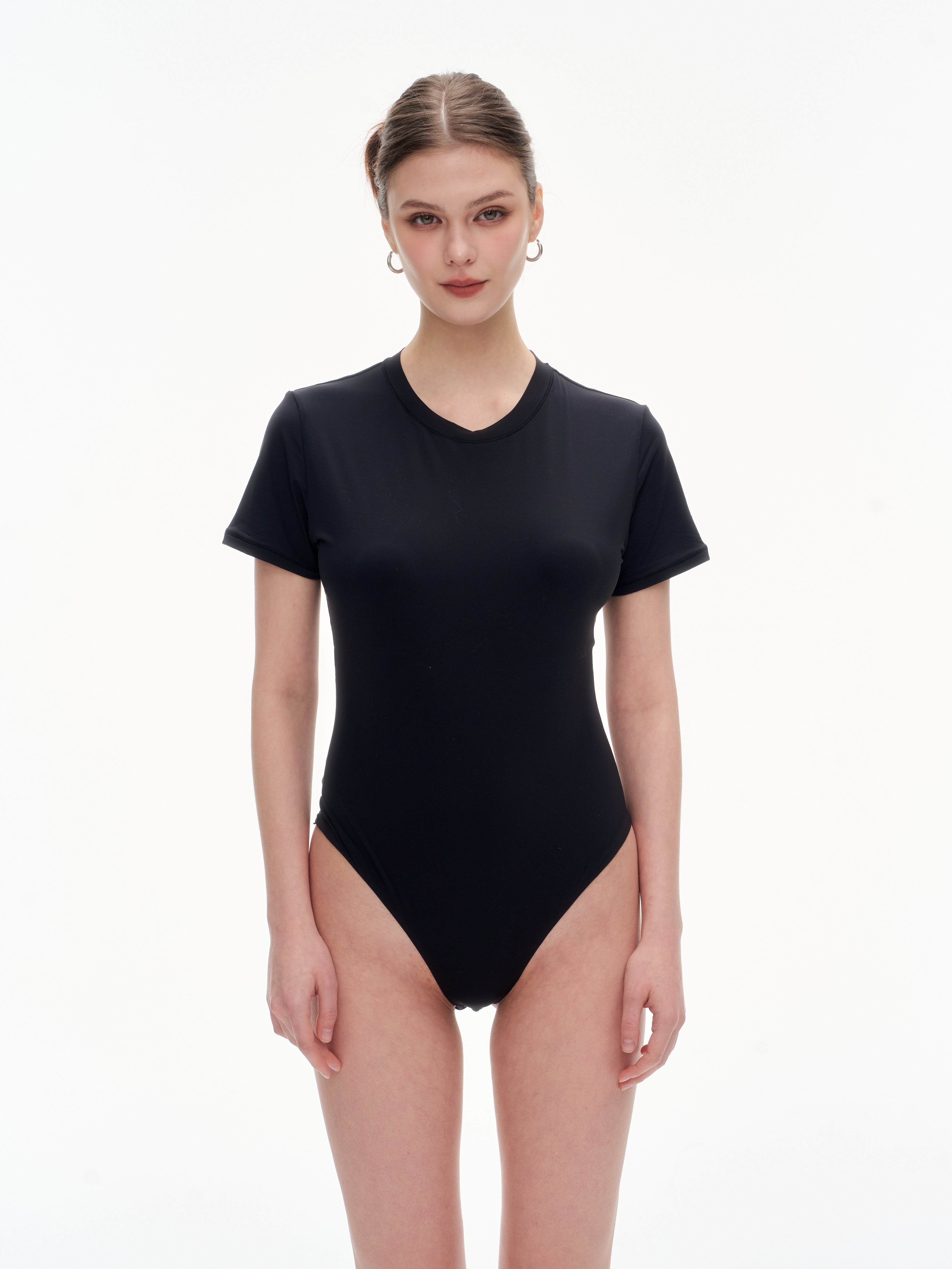 Women's Crew Neck Short Sleeve Bodysuit（SKIMS） - Stretchy 76% Nylon 24% Spandex Slim Fit One Piece Outfit