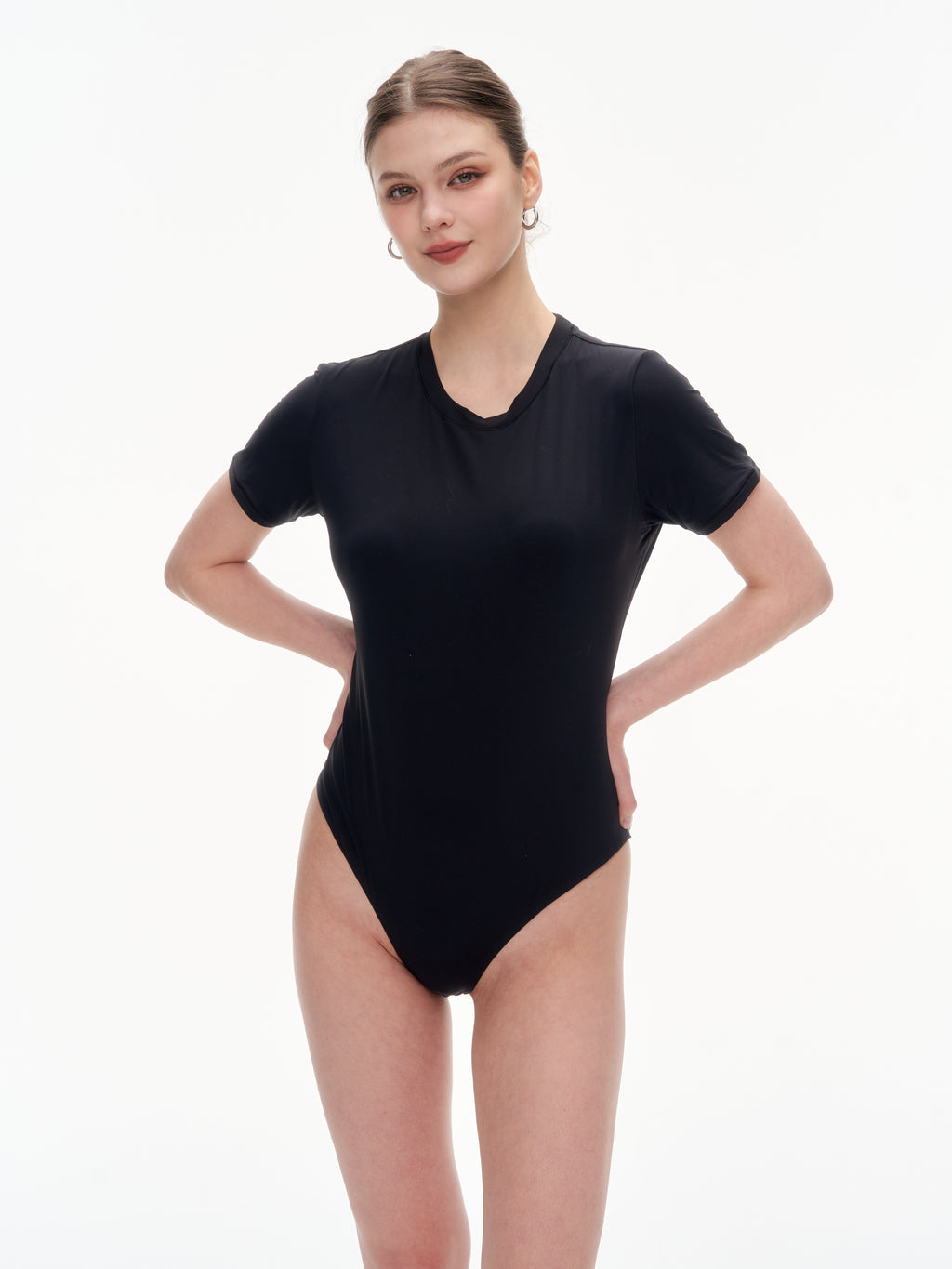 Women's Crew Neck Short Sleeve Bodysuit（SKIMS） - Stretchy 76% Nylon 24% Spandex Slim Fit One Piece Outfit