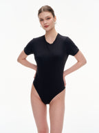 Women's Crew Neck Short Sleeve Bodysuit（SKIMS） - Stretchy 76% Nylon 24% Spandex Slim Fit One Piece Outfit