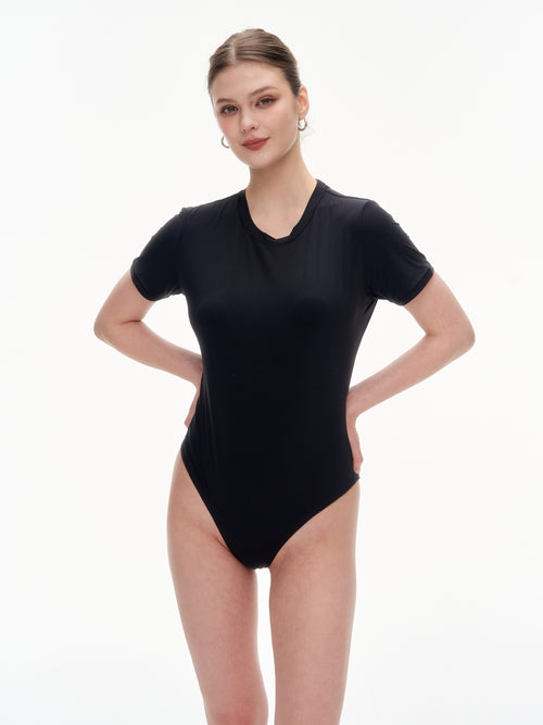 Women's Crew Neck Short Sleeve Bodysuit（SKIMS） - Stretchy 76% Nylon 24% Spandex Slim Fit One Piece Outfit