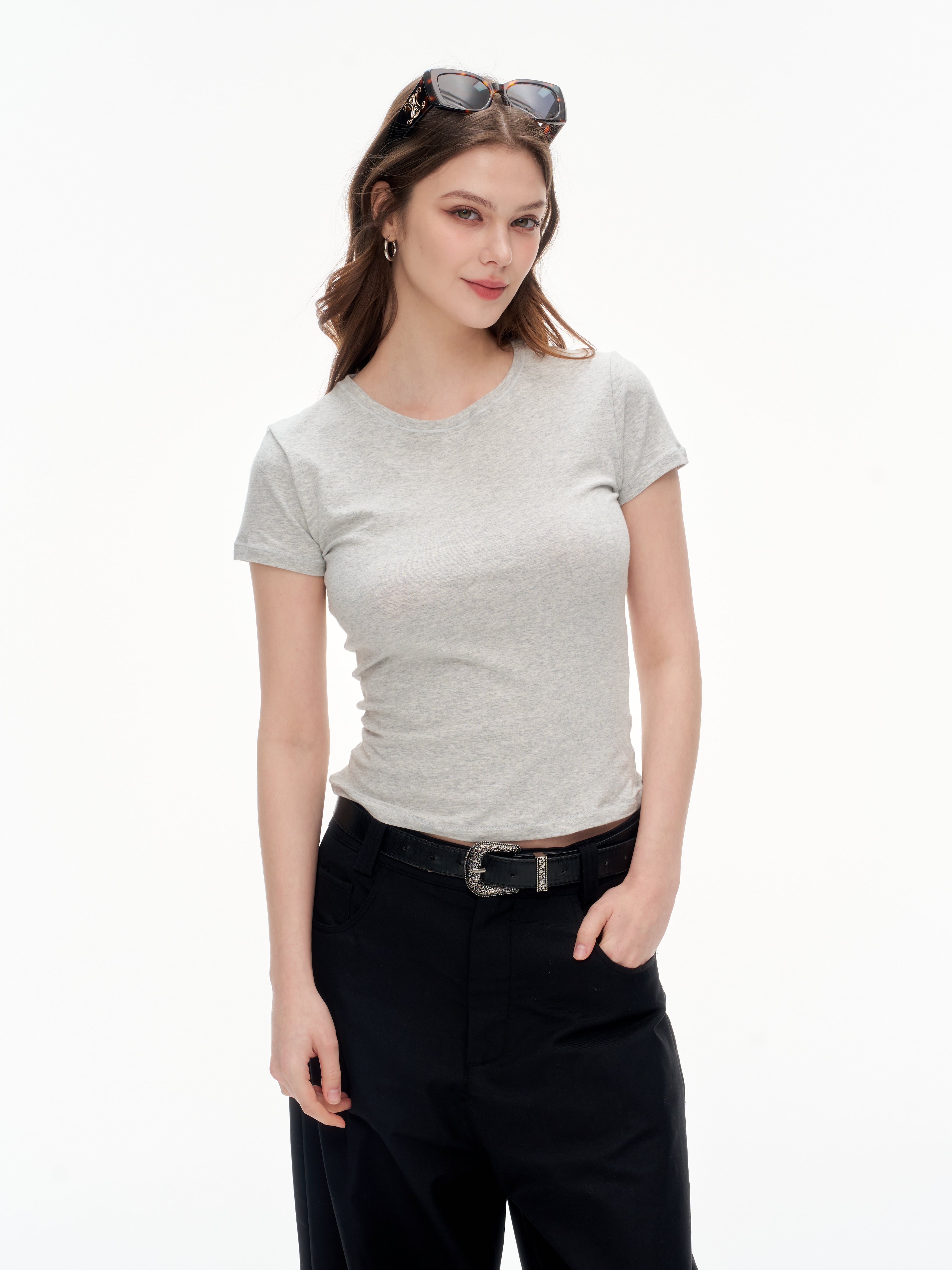 Women's Slim Fit Crew Neck Short Sleeve T-Shirt -  Soft Stretchy Basic Crop Top