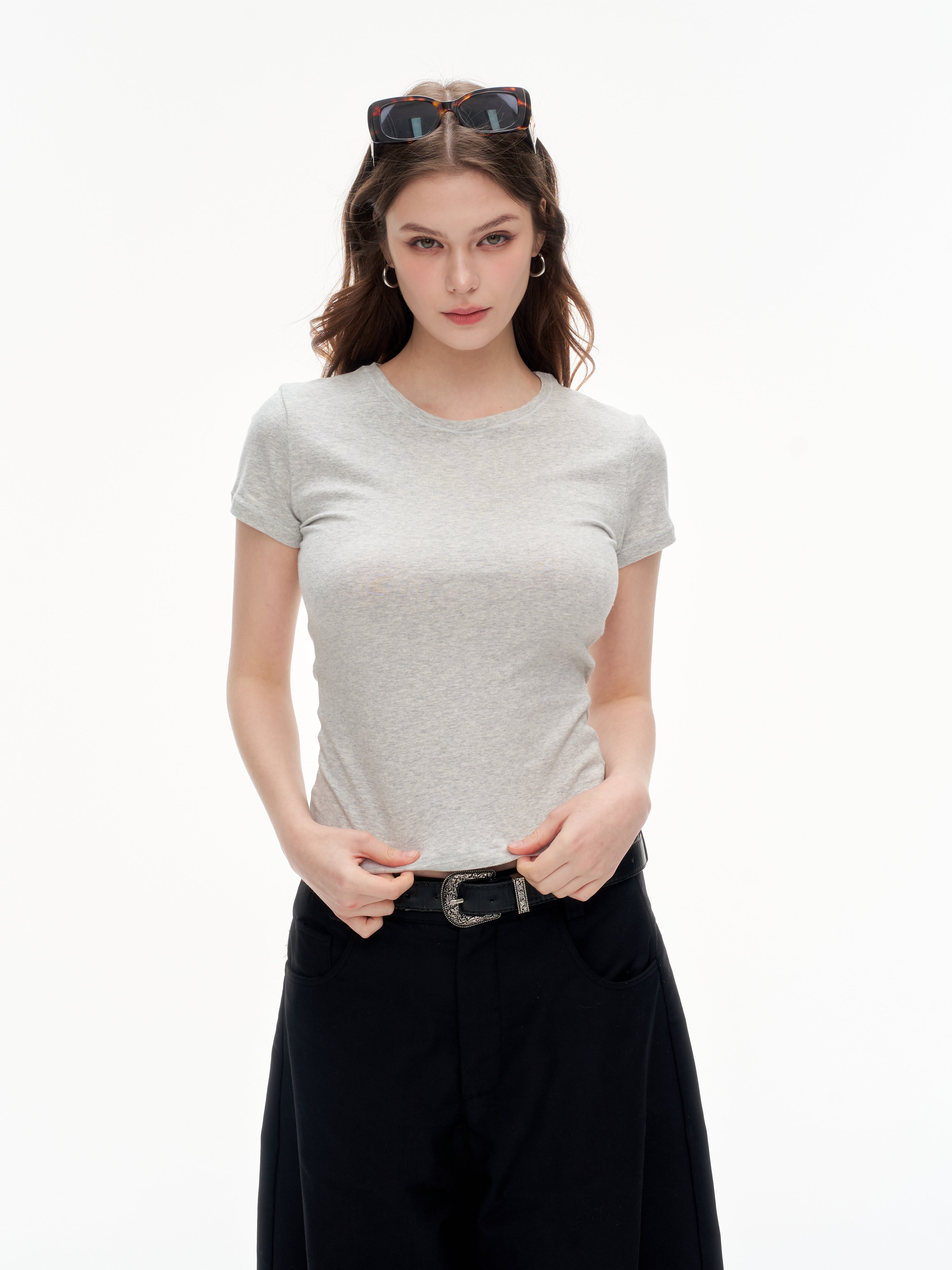 Women's Slim Fit Crew Neck Short Sleeve T-Shirt -  Soft Stretchy Basic Crop Top