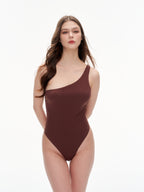 Women's Seamless One-Shoulder Thong Bodysuit | Chestnut Brown Slim Fit Bodysuit for Layering & Night Ou