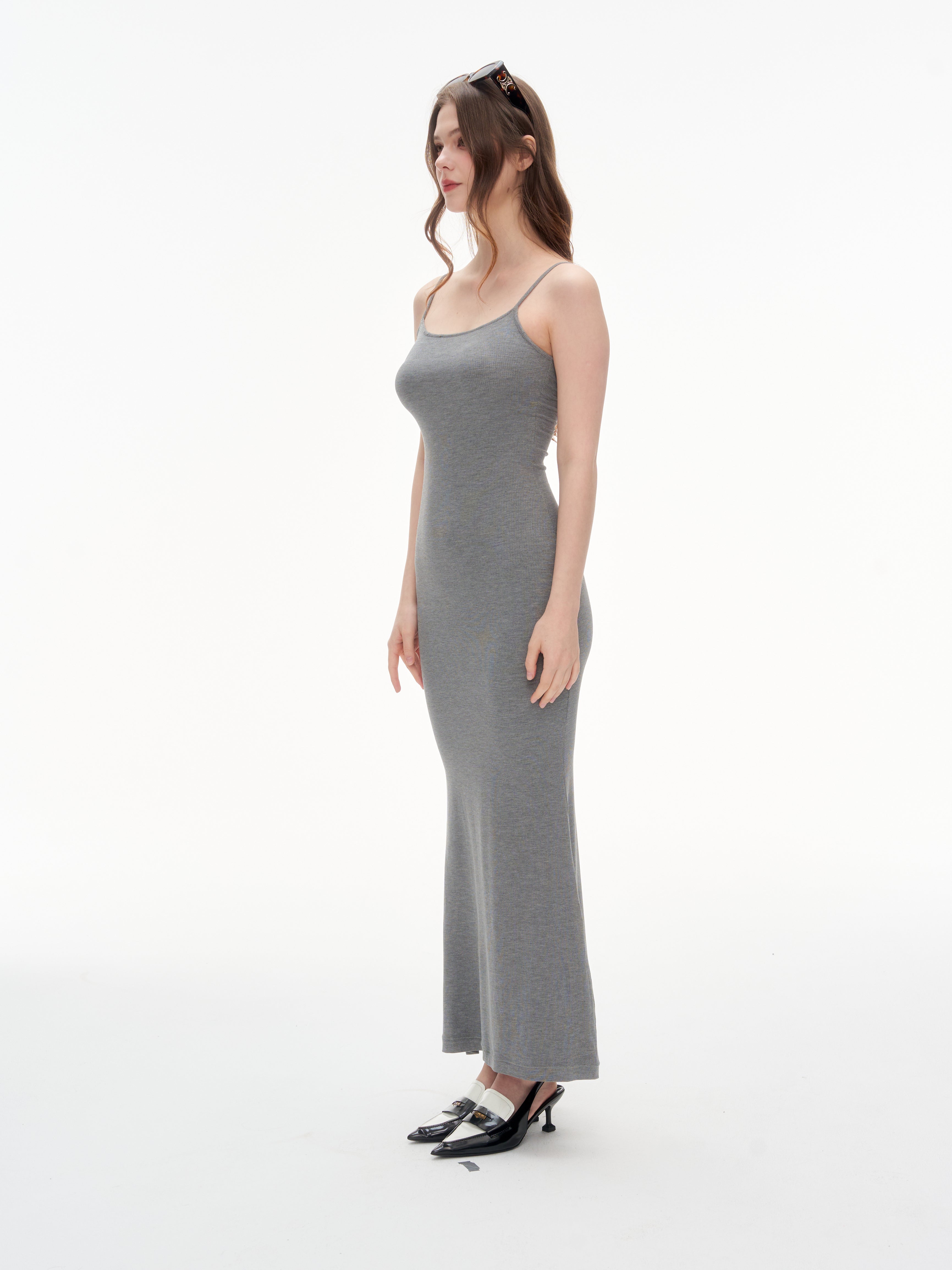 Women's Spaghetti Strap Bodycon Maxi Dress | Heather Gray Ribbed Knit Slim Fit Cami Long Dress for Daily & Date Night