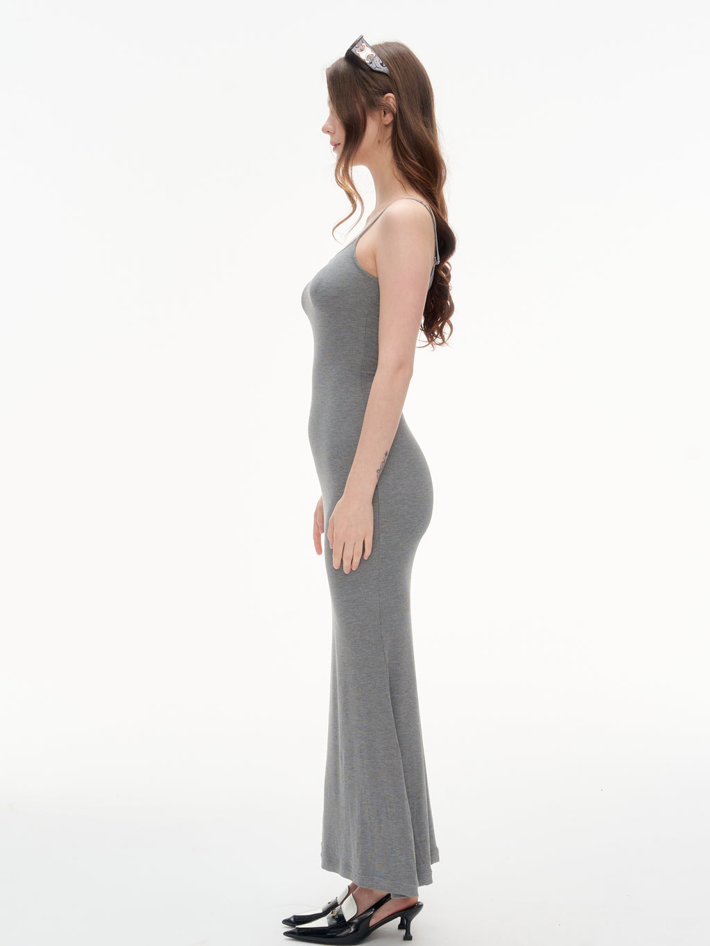 Women's Spaghetti Strap Bodycon Maxi Dress | Heather Gray Ribbed Knit Slim Fit Cami Long Dress for Daily & Date Night