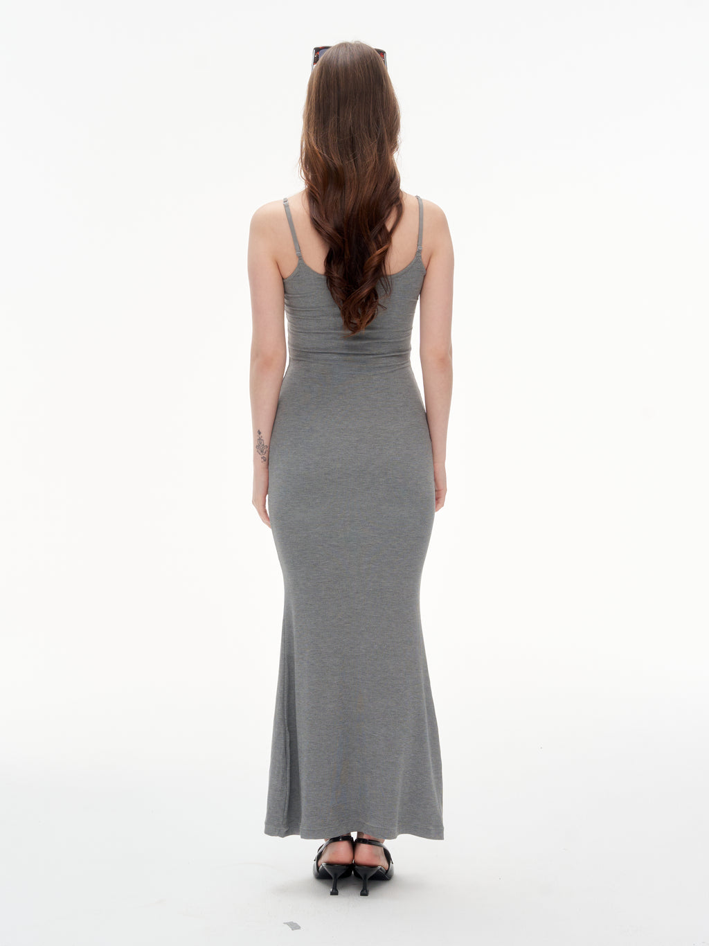 Women's Spaghetti Strap Bodycon Maxi Dress | Heather Gray Ribbed Knit Slim Fit Cami Long Dress for Daily & Date Night