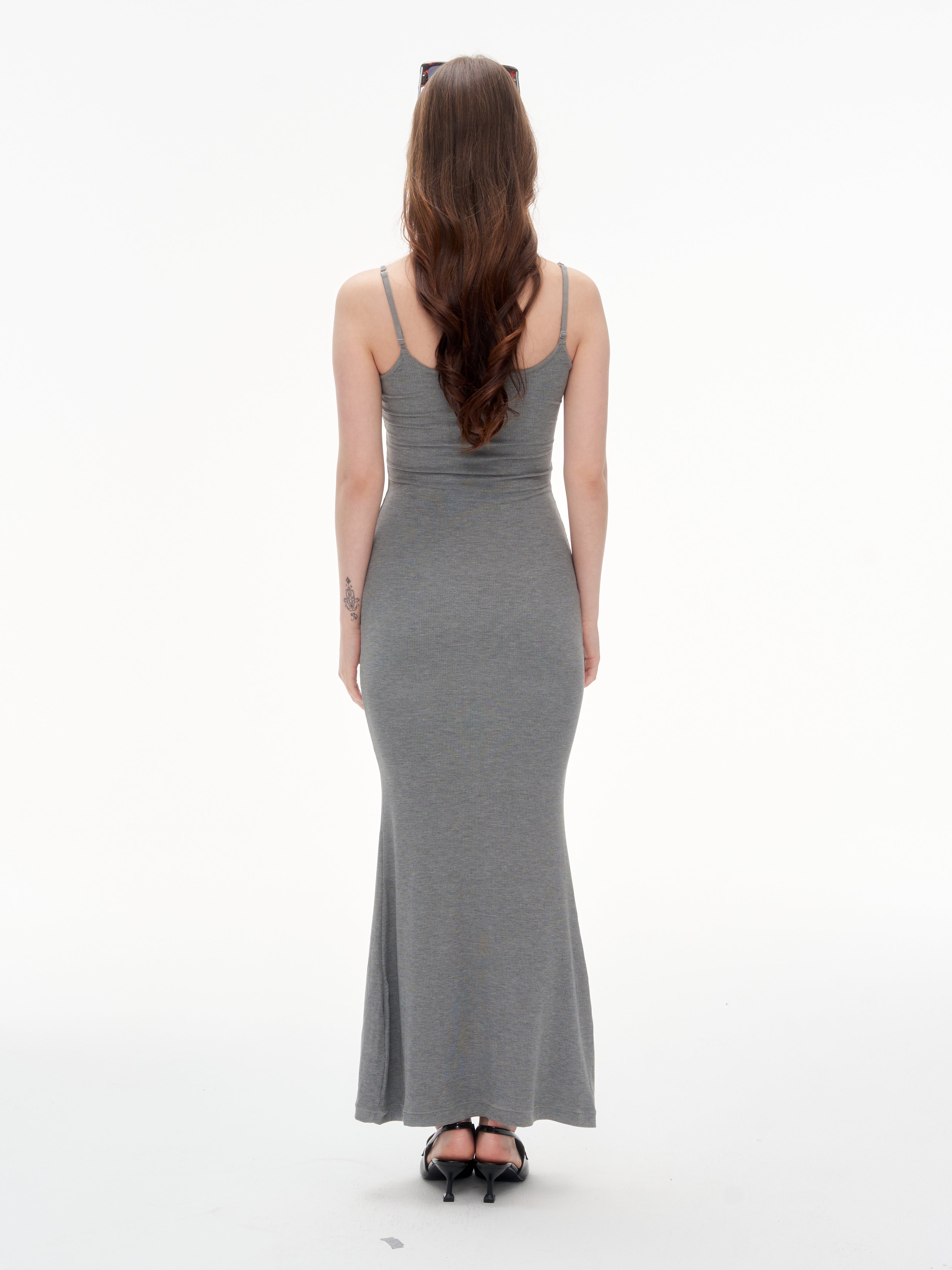 Women's Spaghetti Strap Bodycon Maxi Dress | Heather Gray Ribbed Knit Slim Fit Cami Long Dress for Daily & Date Night