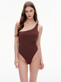 Women's Seamless One-Shoulder Thong Bodysuit | Chestnut Brown Slim Fit Bodysuit for Layering & Night Ou